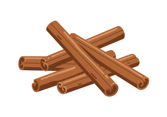 Pile of cylindrical cinnamon sticks in a crosshatch pattern on a white background