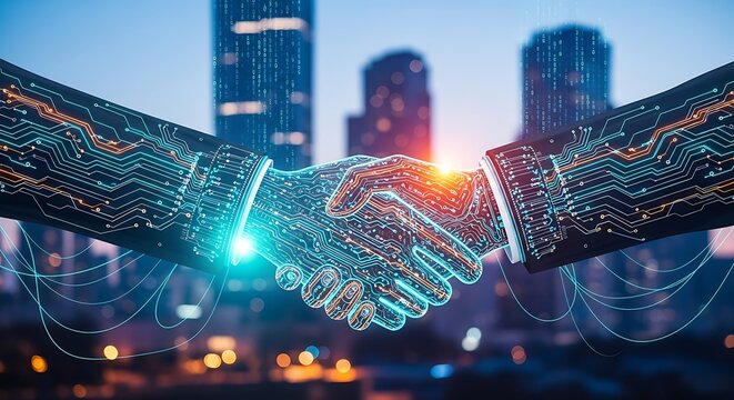 Futuristic Handshake Symbolizing Digital Business Partnership. - Powered by Adobe