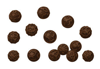 Scattered dark brown peppercorns with textured surfaces on a white background