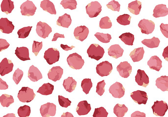 Scattered rose petals of varying shades of pink on a white background create a floral pattern