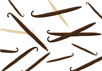 Scattered vanilla beans in a pattern against a white background