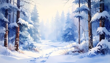 A serene winter forest scene, painted with soft blues and whites, showcases a snow-covered path leading through a tranquil, frosted landscape.