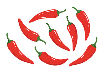 Seven cartoon red chili peppers with green stems and highlights scattered on a white background