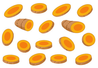 Turmeric slices  roots arranged in a repeating pattern on a white background