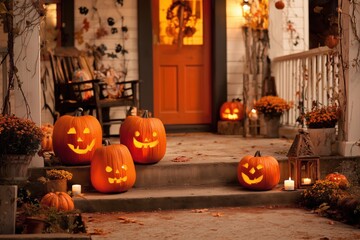 Smiling Carved Jack-o-Lantern Pumpkin Pumpkins Halloween Trick or Treating House Candle Orange Holiday Decoration Background Wallpaper