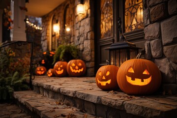 Smiling Carved Jack-o-Lantern Pumpkin Pumpkins Halloween Trick or Treating House Candle Orange Holiday Decoration Background Wallpaper