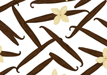 Vanilla beans and flowers are scattered across a white surface in an allover repeating pattern