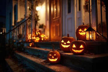 Smiling Carved Jack-o-Lantern Pumpkin Pumpkins Halloween Trick or Treating House Candle Orange Holiday Decoration Background Wallpaper