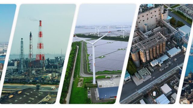 A collage of drone aerial footage of various industrial scenes, transitioning from a white background