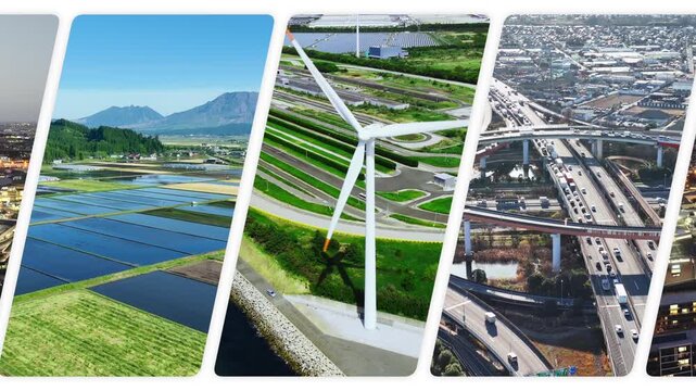 A collage of drone aerial footage of various industrial scenes, transitioning from a white background