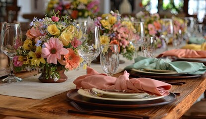 A beautifully set table with pastel-colored flowers and linens