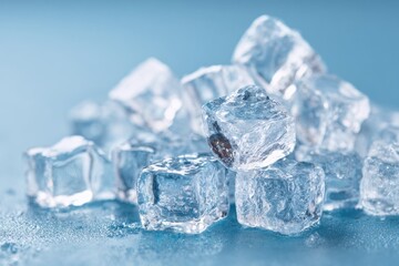 Obraz premium Close-up of ice cubes on a light-blue surface