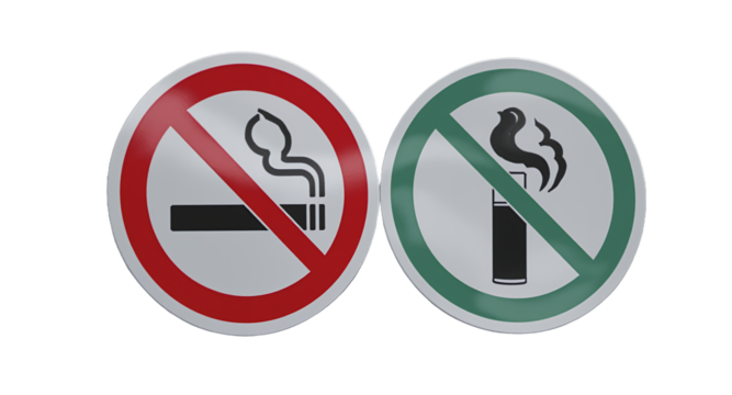 No Smoking Signs Cigarette and Vaping Prohibition Symbols, Red and Green Circular Prohibition Signs