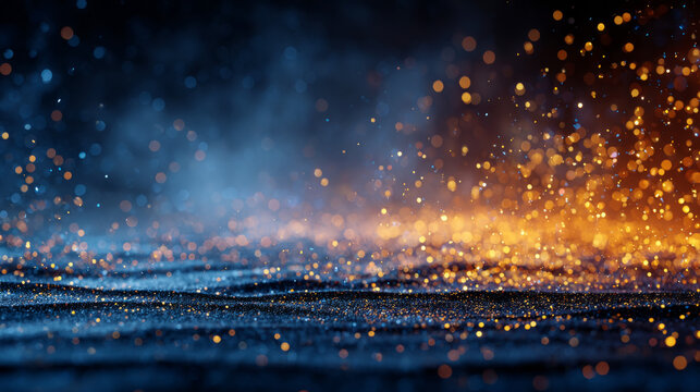 Glittering particles dancing in atmospheric light over a deep blue background - Powered by Adobe