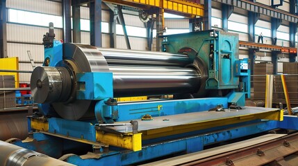 Plate rolling machine with a heavy-duty metallic gray frame and three rotating rollers, used in a metalworking workshop to bend steel, aluminum, or iron plates into curved shapes like cylinders