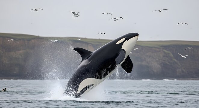 Majestic Orca Killer Whale Leaping From Ocean Water Creating Water Splash and Spray