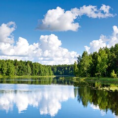 Fototapeta premium Serene lake scene under a summer sky
