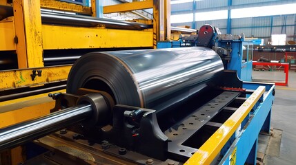 Plate rolling machine with a heavy-duty metallic gray frame and three rotating rollers, used in a metalworking workshop to bend steel, aluminum, or iron plates into curved shapes like cylinders