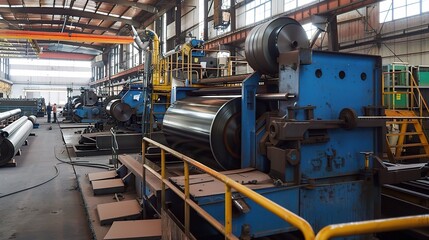 Plate rolling machine with a heavy-duty metallic gray frame and three rotating rollers, used in a metalworking workshop to bend steel, aluminum, or iron plates into curved shapes like cylinders