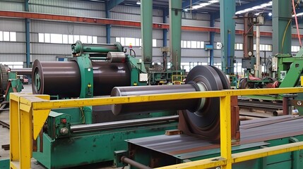 Plate rolling machine with a heavy-duty metallic gray frame and three rotating rollers, used in a metalworking workshop to bend steel, aluminum, or iron plates into curved shapes like cylinders