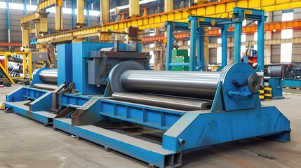 Plate rolling machine with a heavy-duty metallic gray frame and three rotating rollers, used in a metalworking workshop to bend steel, aluminum, or iron plates into curved shapes like cylinders