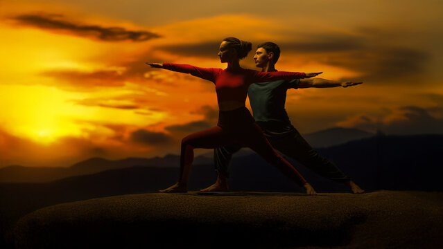 Dark silhouette of a man and woman in professional yoga poses for yoga background - Powered by Adobe