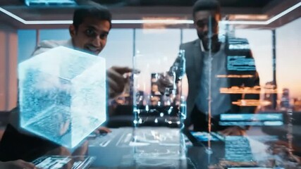 Business team collaboration in a modern office overlooking the city at sunset discussing strategy and planning for future success and innovation in a dynamic corporate environment