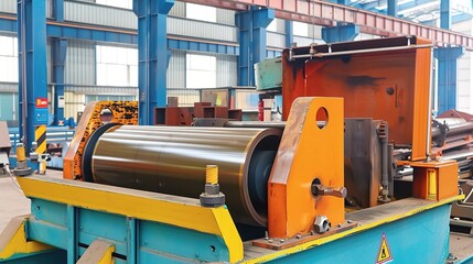 Plate rolling machine with a heavy-duty metallic gray frame and three rotating rollers, used in a metalworking workshop to bend steel, aluminum, or iron plates into curved shapes like cylinders