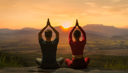 Dark silhouette of a man and woman in professional yoga poses for yoga background