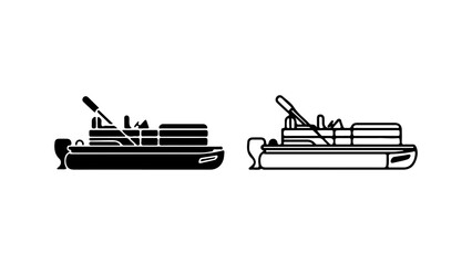 Pontoon boat side view silhouette and line art vector illustration.