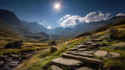 Serene Mountain Pathway Leading Through Lush Green Valley Under Bright Sky with Sunlight and Clouds