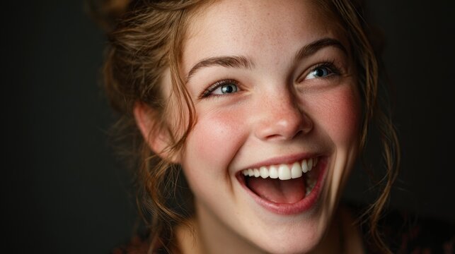 Radiant portrait of an elated young woman, beaming with infectious joy and youthful exuberance