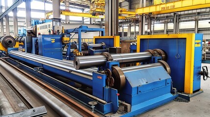 Plate rolling machine with a heavy-duty metallic gray frame and three rotating rollers, used in a metalworking workshop to bend steel, aluminum, or iron plates into curved shapes like cylinders