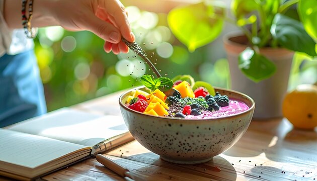 Generated Image: Close-up of hands sprinkling chia seeds on colorful smoothie bowls next to an open notebook and plant.