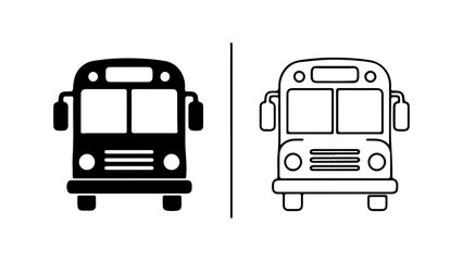 School Bus Front View Icon Set in Solid and Outline Styles.