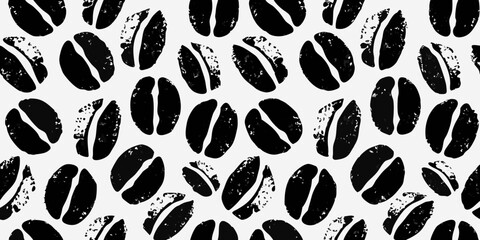 Abstract black coffee bean pattern with a grunge texture on a white background