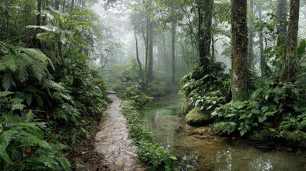 Serene Jungle Pathway Surrounded by Lush Greenery and Misty Atmosphere in Tropical Rainforest