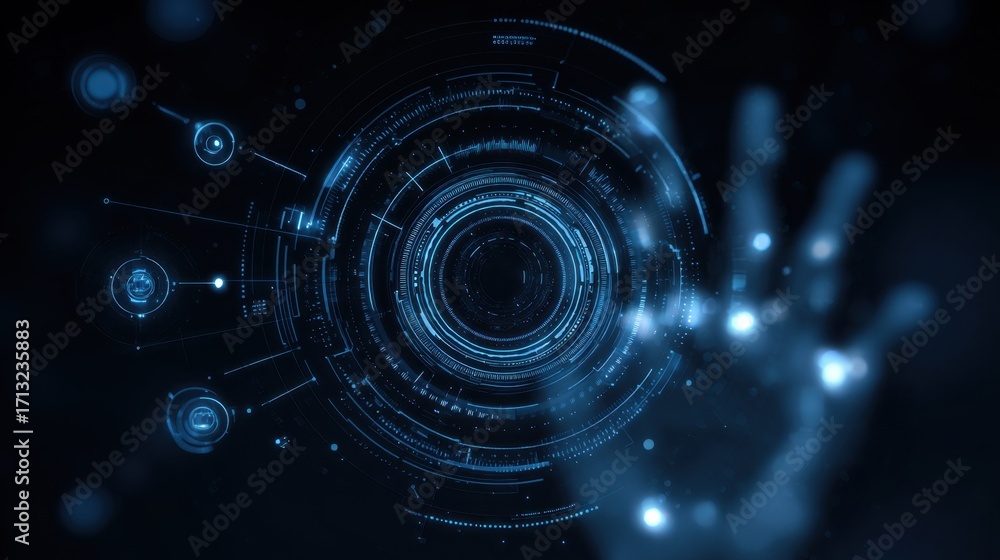 Aufkleber futuristic interface design with hand gesture and digital elements in blue color scheme for technolo