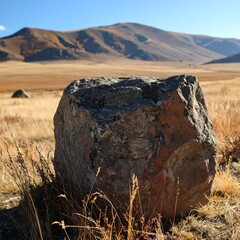 Rocky outcrop in golden grassland
