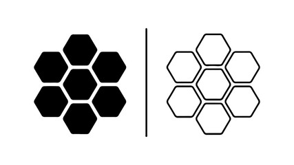 Set of two hexagonal cluster icons solid and outline.