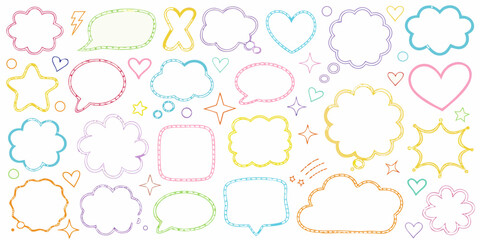 Fototapeta premium Collection of colorful hand drawn speech bubbles and decorative elements on white background