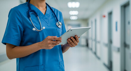 Nurse Holding Tablet in Hospital Corridor