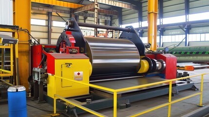 Plate rolling machine with a heavy-duty metallic gray frame and three rotating rollers, used in a metalworking workshop to bend steel, aluminum, or iron plates into curved shapes like cylinders