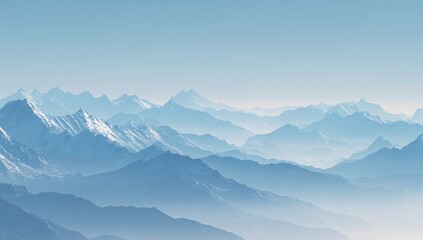 Fototapeta premium Panoramic view of distant mountain ranges. Pale blue hues, soft peaks