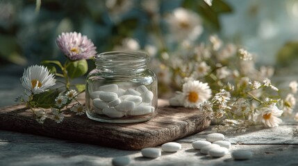 Glass jar containing supplements with botanical elements, holistic wellness