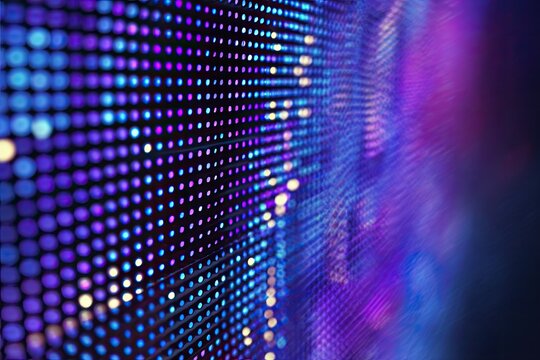 Close-up view of a large LED display wall, vibrant colors shifting from blue to purple, with a grid pattern of lights