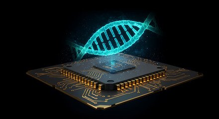Revolutionary bio-computation DNA helix integrated with a powerful microchip, symbolizing genetic engineering, digital biology, and advanced technological innovation and research