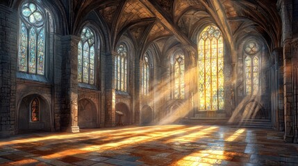 Fototapeta premium Sunlit Gothic cathedral interior with stained glass windows.