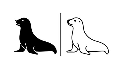 Simple sea lion silhouette and outline vector icon set.
