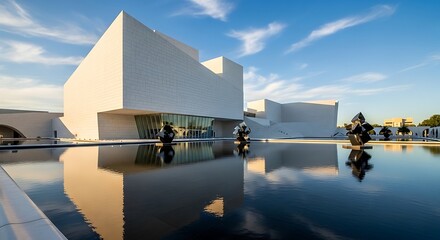 Sleek contemporary white building featuring sharp geometric lines and a striking reflection in a tranquil dark water pool under a clear blue sky, embodying modern architectural elegance